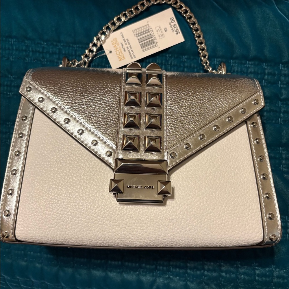 Michael Kors Metallic Silver and White Studded Crossbody Bag